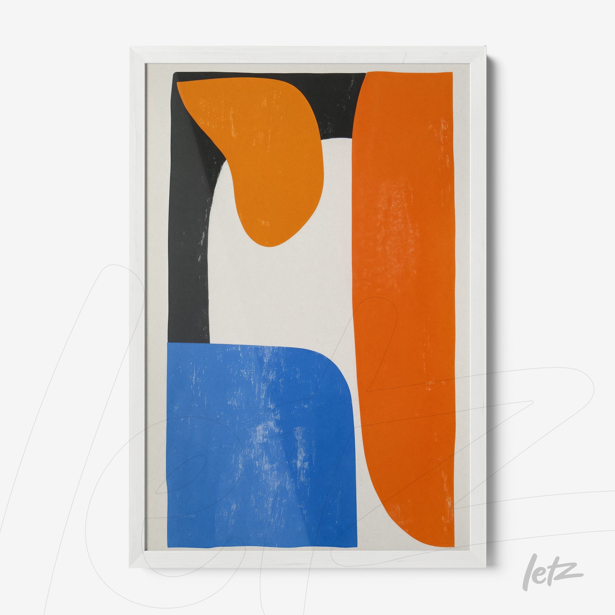 abstract wall art featuring geometric shapes in blue, orange, and black with a white frame