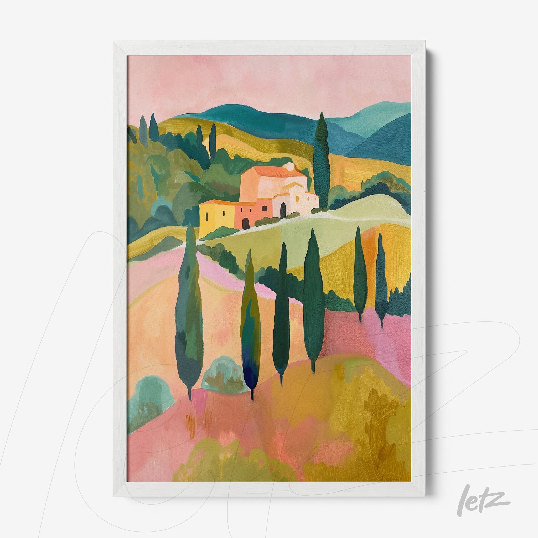 framed artwork depicting an abstract rural landscape with green hills and cypress trees under a pink sky