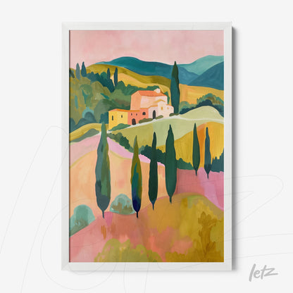 framed artwork depicting an abstract rural landscape with green hills and cypress trees under a pink sky