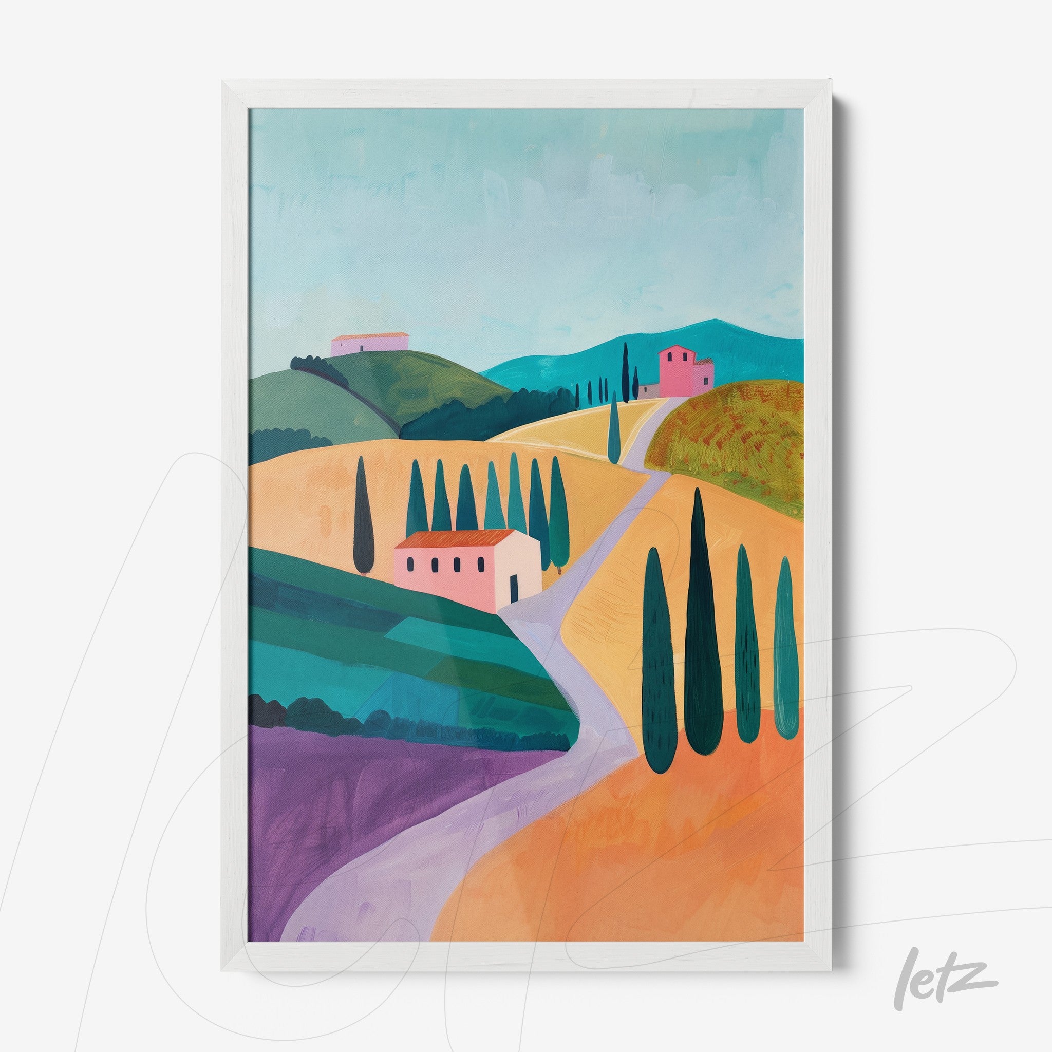framed digital artwork depicting a vibrant tuscan landscape with hills, cypress trees, and colorful houses