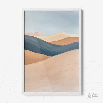 framed decorative artwork featuring abstract landscape illustration in soft shades of blue, beige, and brown