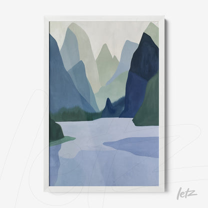 framed artwork featuring an abstract mountain landscape in soft blue and green tones