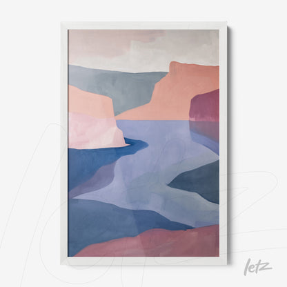 framed abstract landscape art in shades of pink and blue