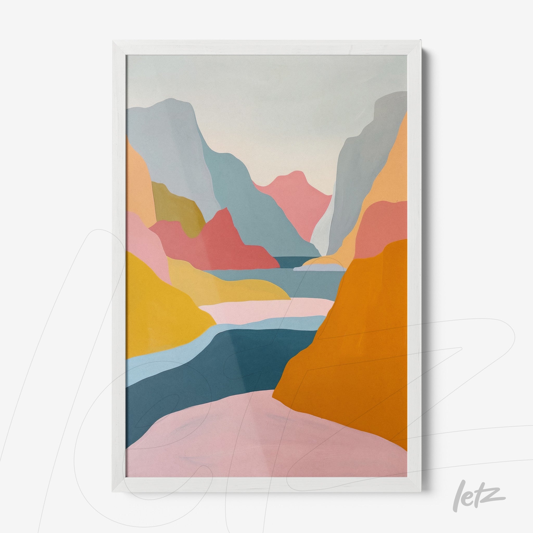 abstract landscape wall art in pastel tones with colorful mountains and a stream framed in white