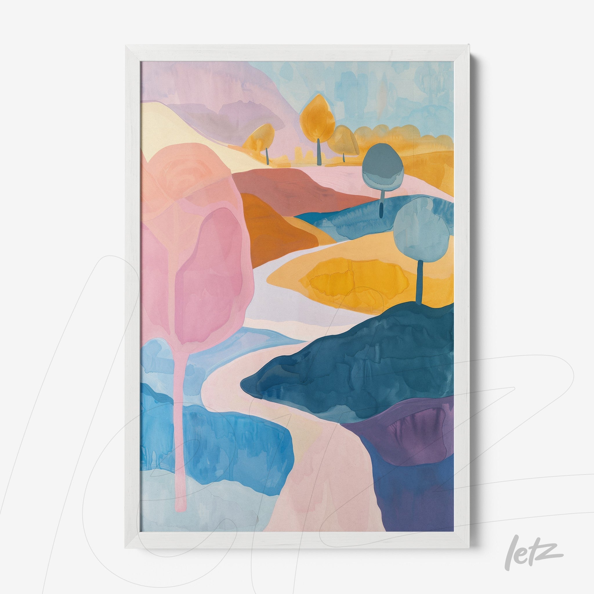 framed abstract landscape artwork featuring soft pastel colors and stylized trees