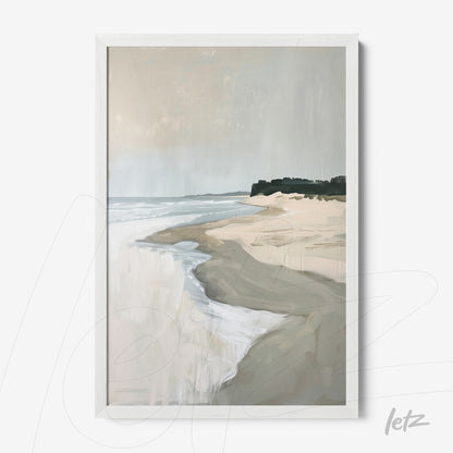 framed art piece depicting a serene abstract beach scene with white frame