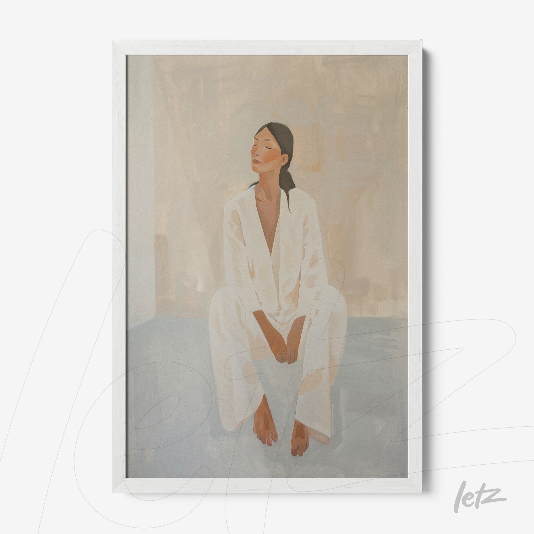 minimalist wall art depicting a seated woman in white loungewear with a white frame