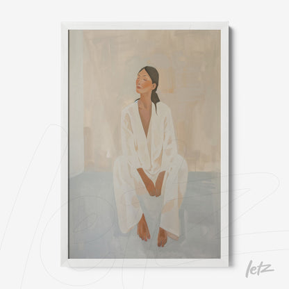 minimalist wall art depicting a seated woman in white loungewear with a white frame