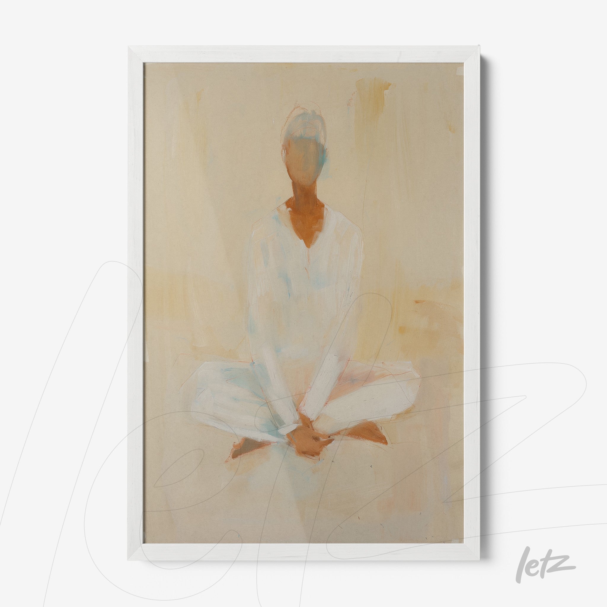 abstract wall art featuring a meditating figure in soft tones with white frame