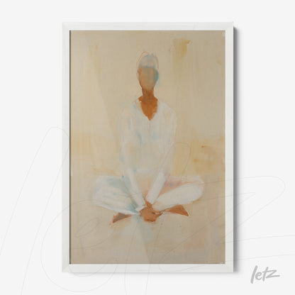 abstract wall art featuring a meditating figure in soft tones with white frame