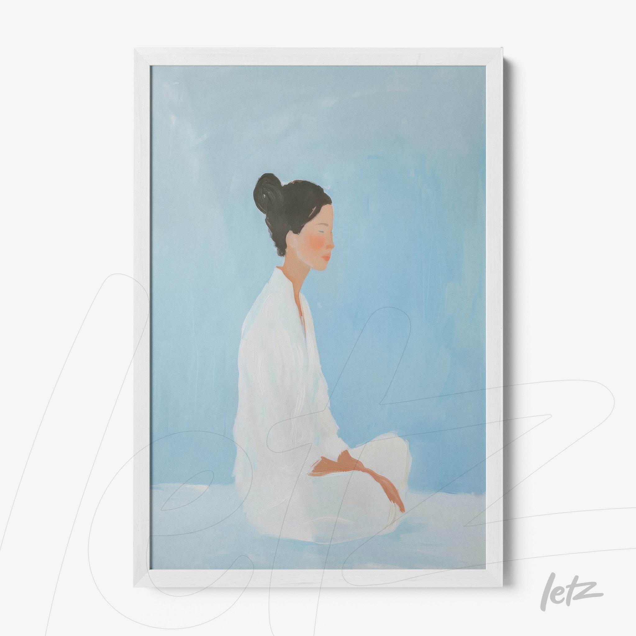 framed artwork of a woman meditating in blue background with white frame