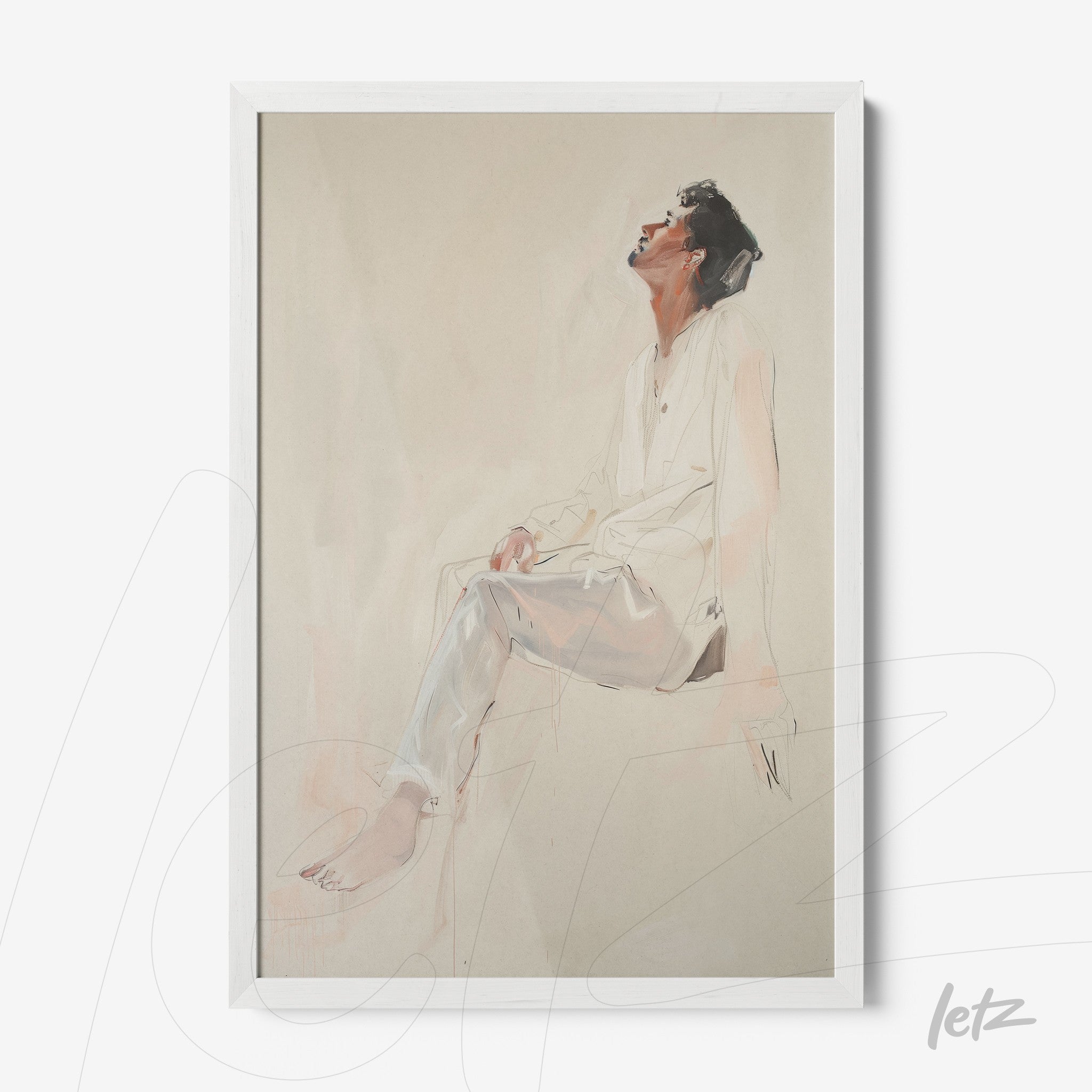 framed art piece depicting a seated figure with a light background and white frame
