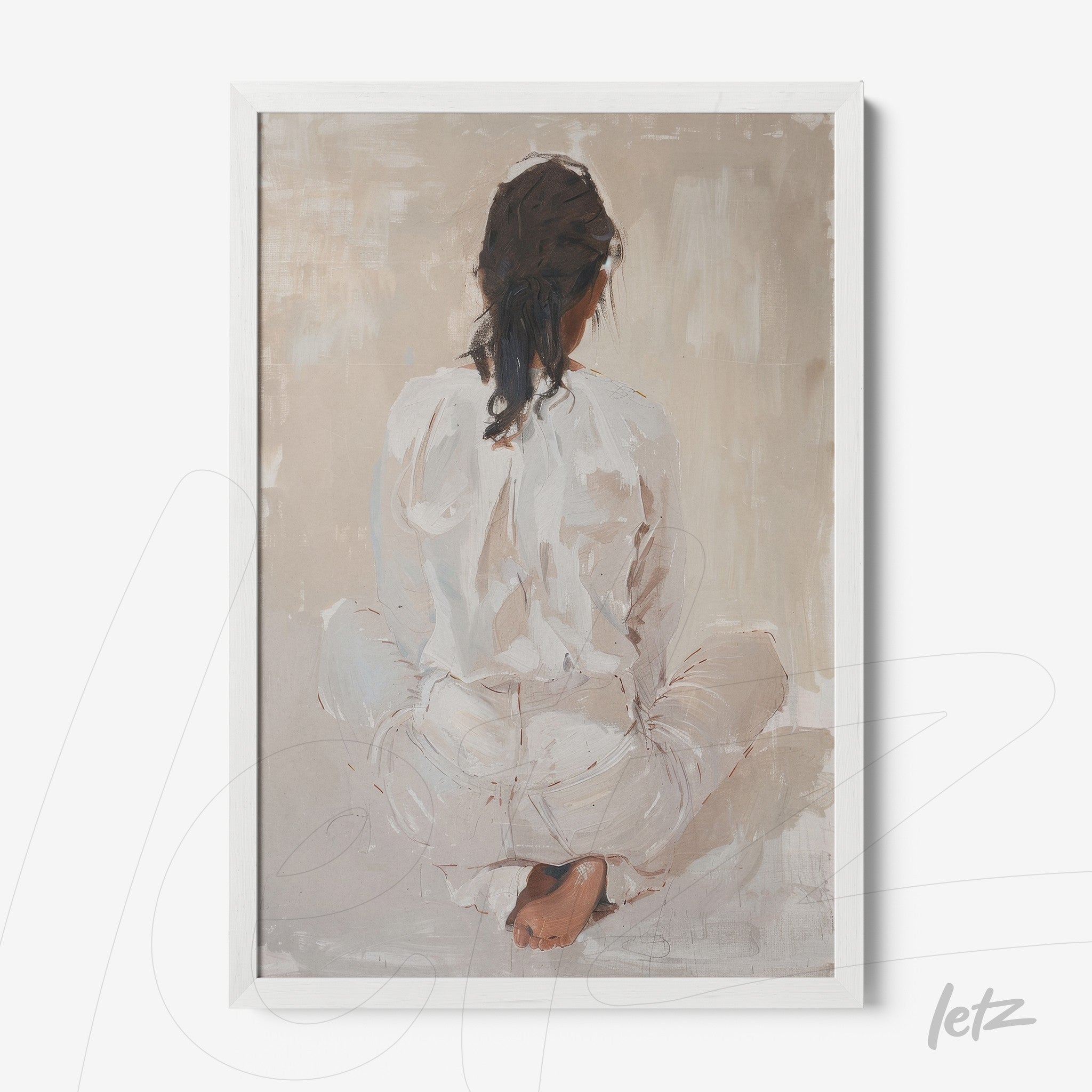 framed artwork featuring an abstract depiction of a female figure sitting with her back turned, in white frame