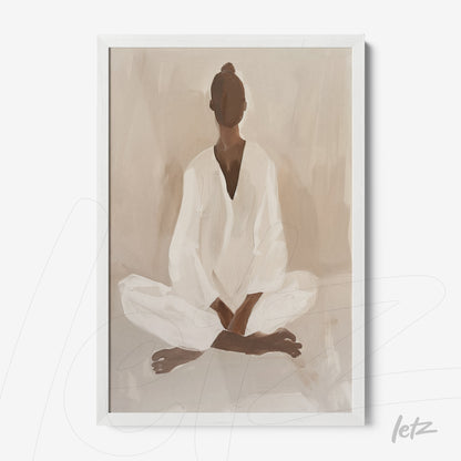 minimalist framed art of a meditating female figure in neutral tones with white frame