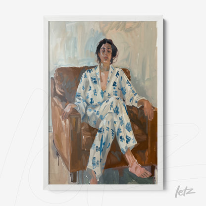 framed artwork of a woman sitting on a brown sofa wearing a blue patterned robe against a soft light background