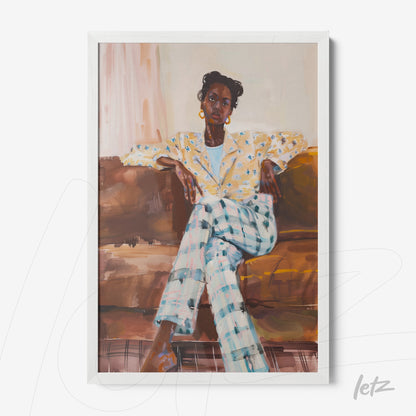 framed artwork depicting a seated woman on a brown sofa, wearing a patterned blazer and white-blue checked trousers