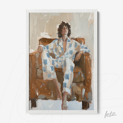 framed artwork of a man lounging on a sofa, dressed in light blue and white patterned pajamas