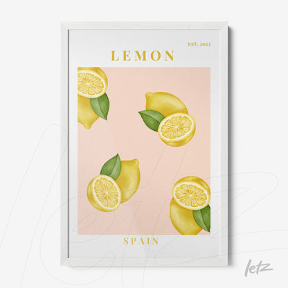framed wall art featuring lemons on a light pink background with white frame and green leaf elements