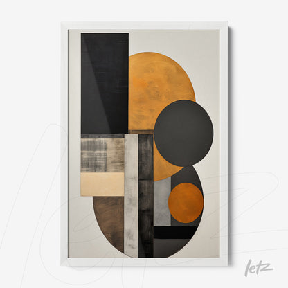 framed geometric art in shades of orange, black, and gray with white frame