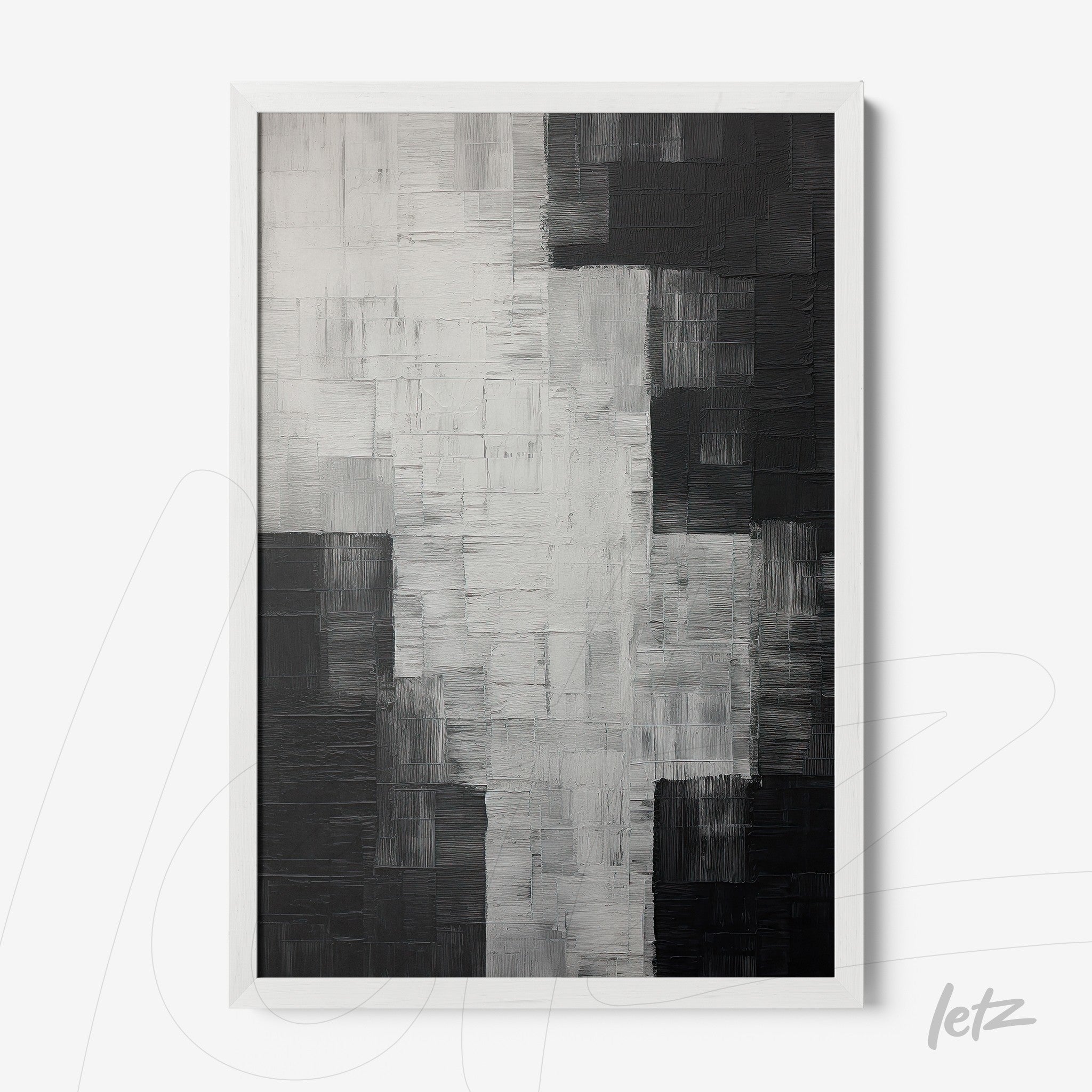 abstract black and white artwork with textured brush strokes in white frame