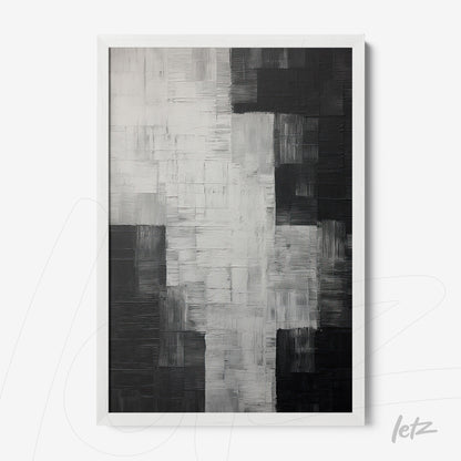 abstract black and white artwork with textured brush strokes in white frame