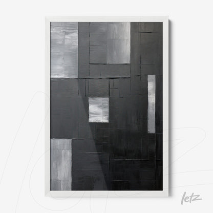 abstract artwork in shades of gray and black with a white frame