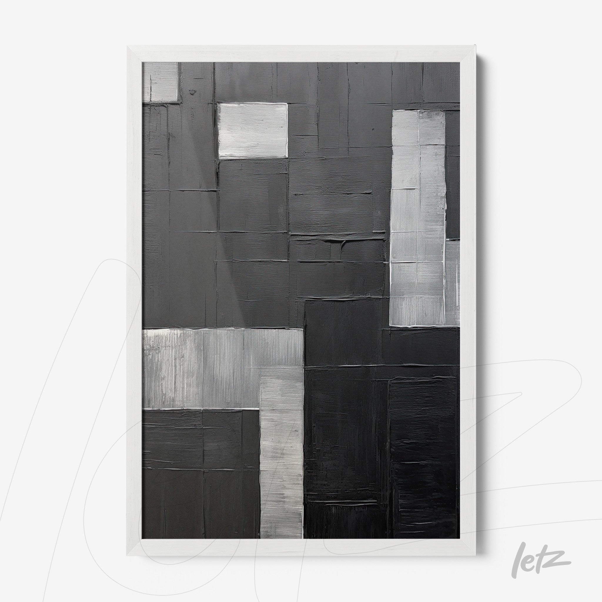 abstract artwork in shades of black and gray with pronounced texture, framed in a white frame