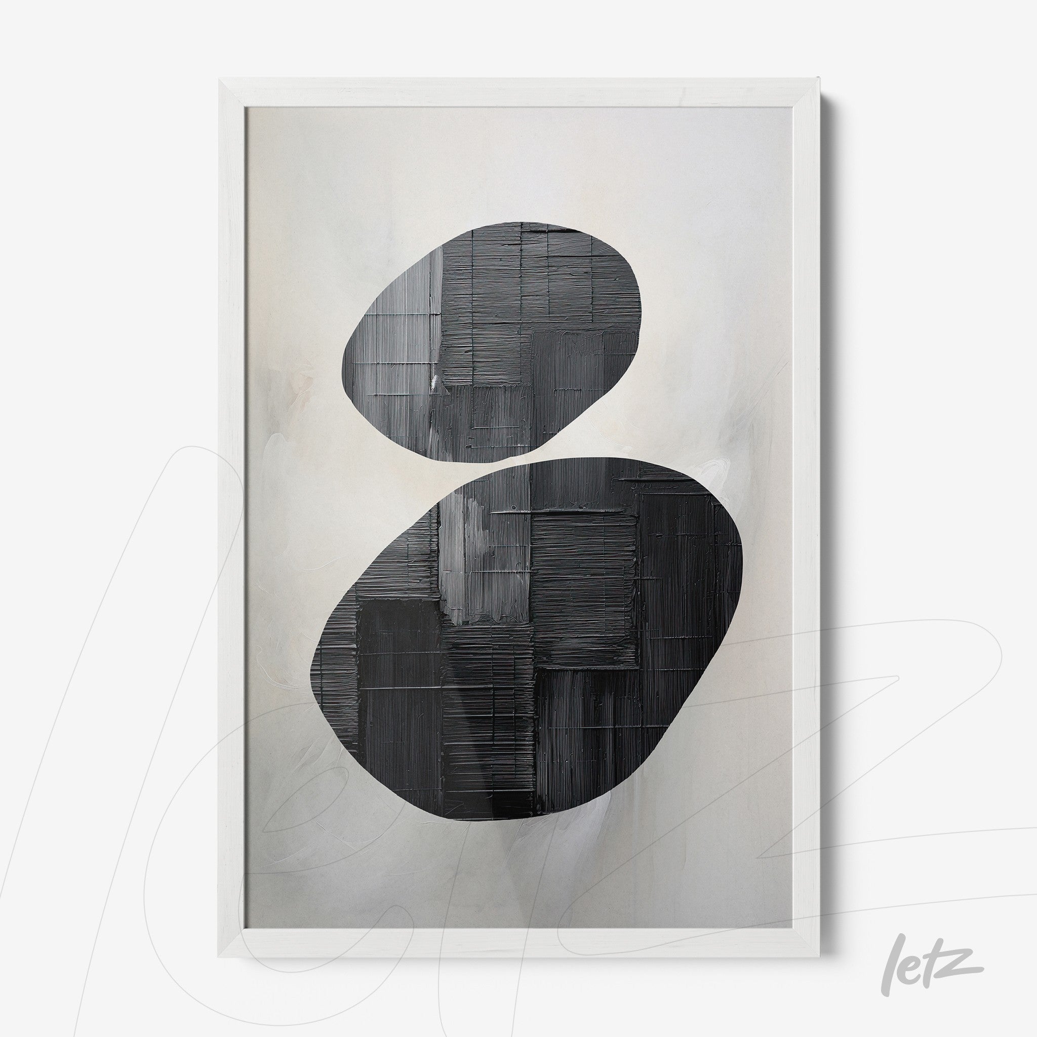 framed abstract art featuring black and white color tones, with oval shapes and textured brush strokes