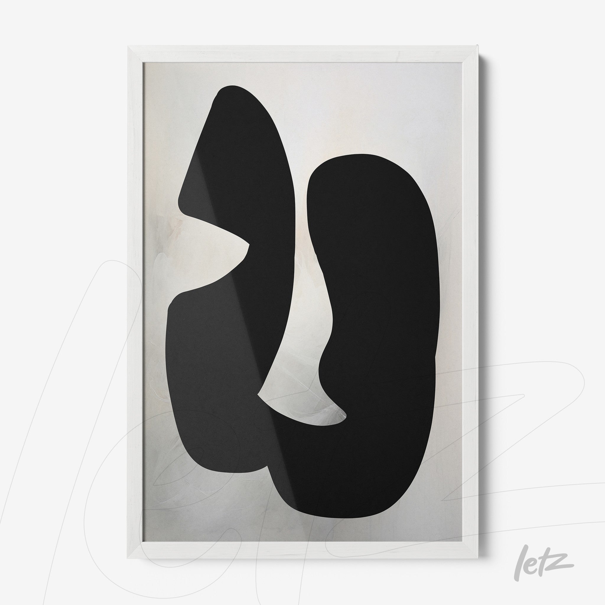 abstract wall art featuring black shapes on a soft lightened background in a white frame