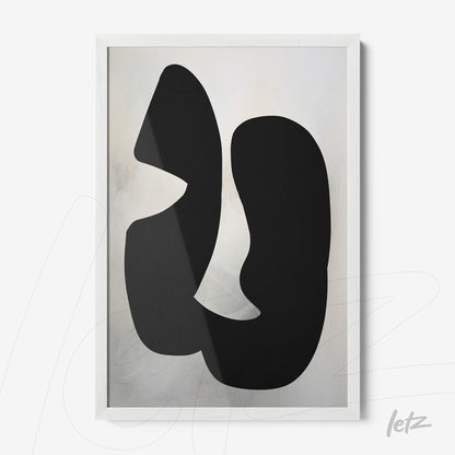 abstract wall art featuring black shapes on a soft lightened background in a white frame