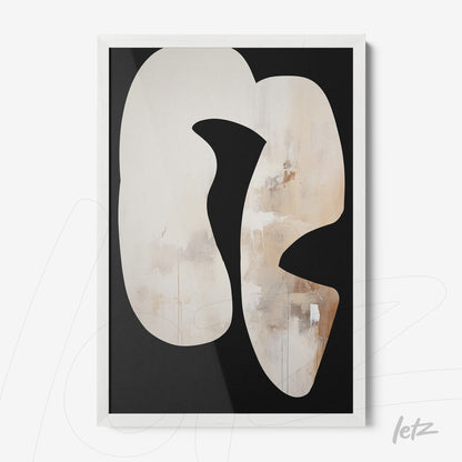 abstract wall art in neutral tones with white frame and black background