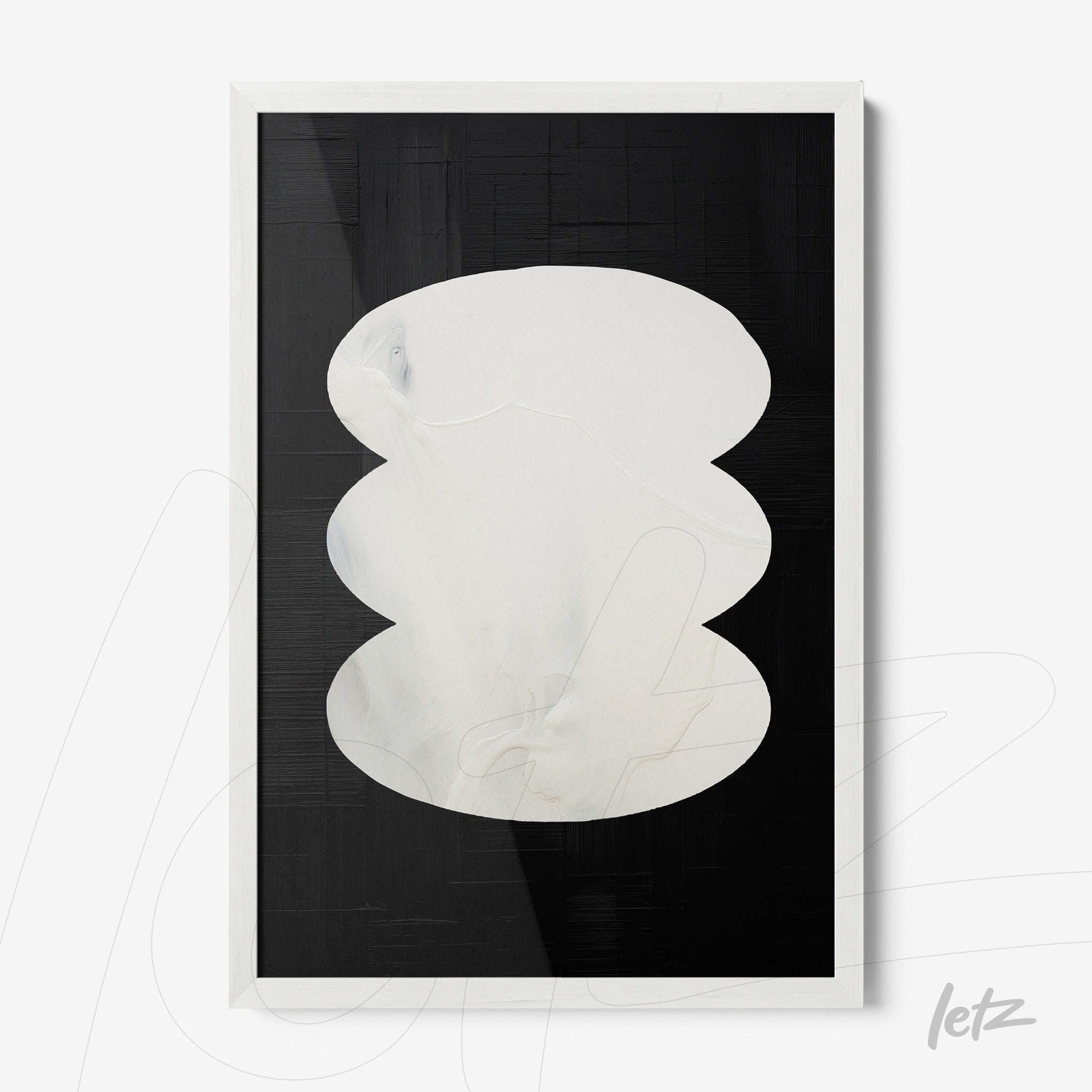 abstract wall art in light shades on black background framed in white