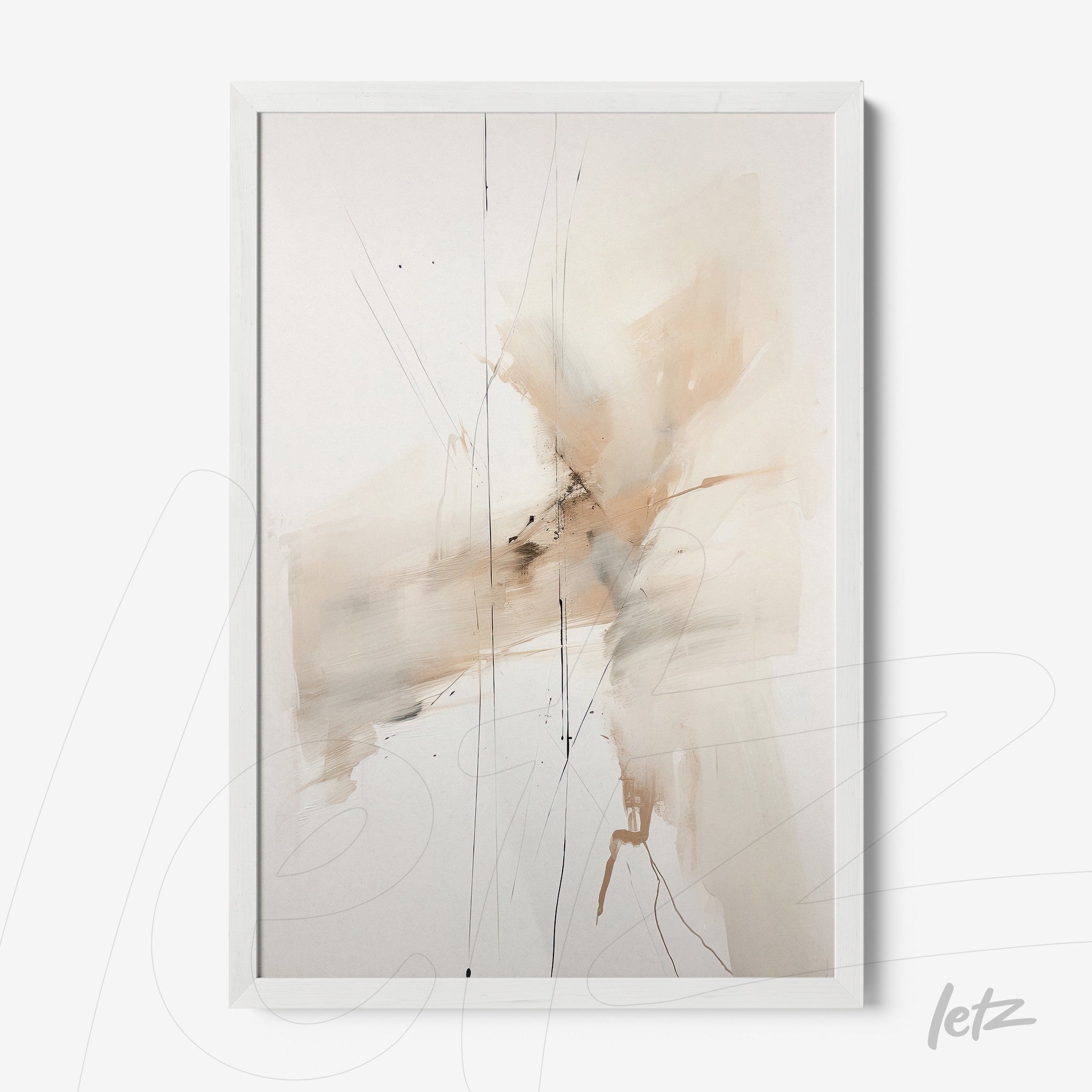 abstract artwork in neutral tones framed with a white frame