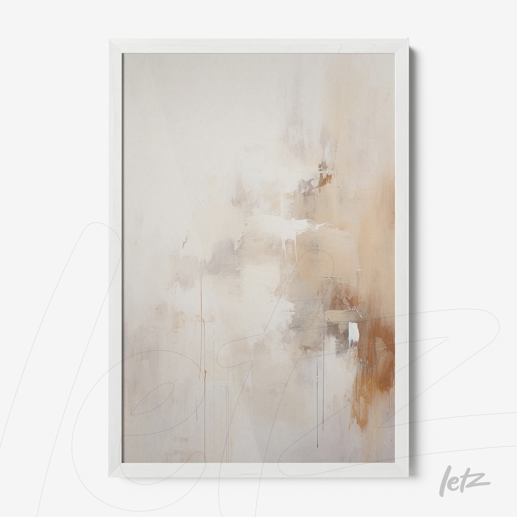 abstract wall art in shades of beige and light brown with a white frame