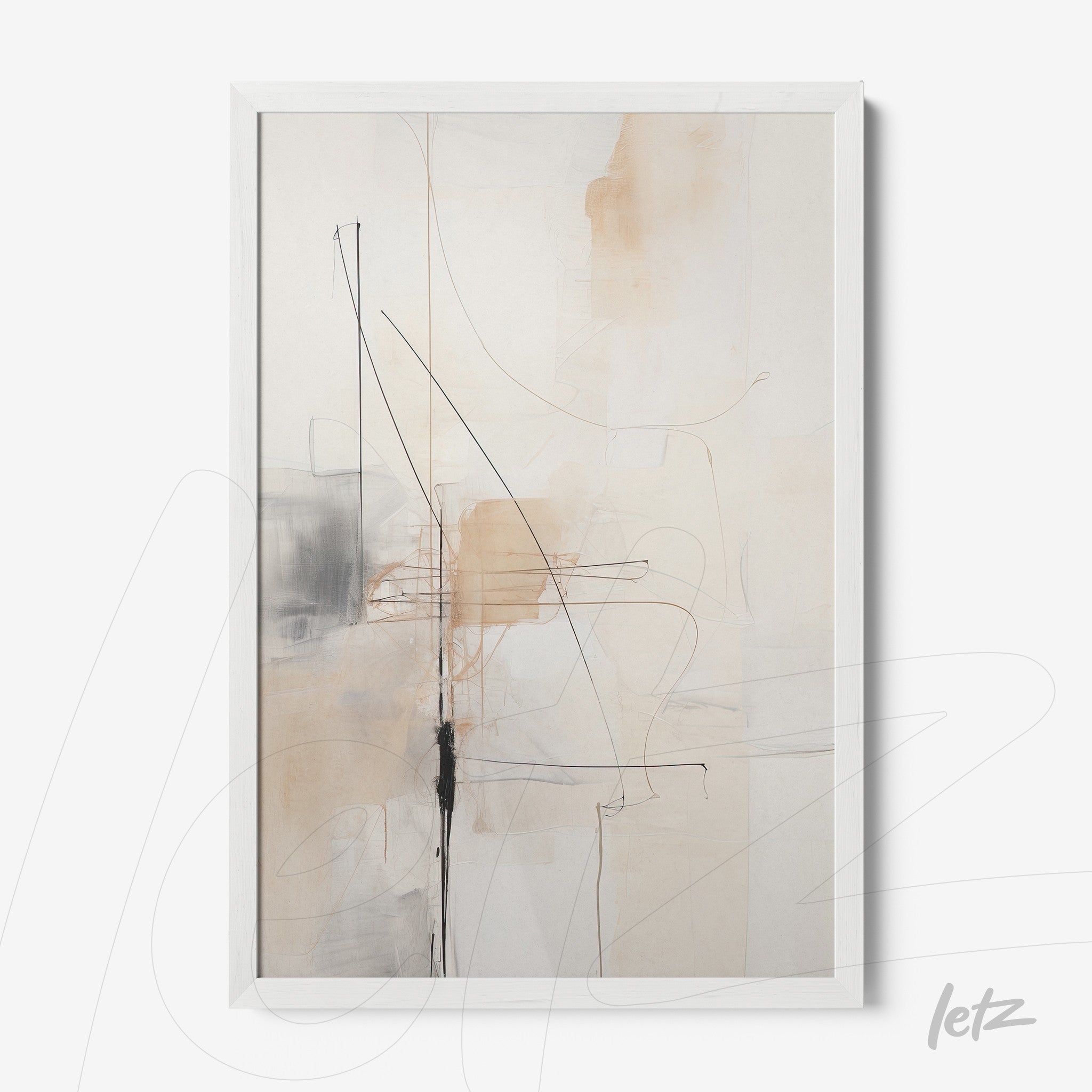 framed abstract wall art in neutral tones with fine lines