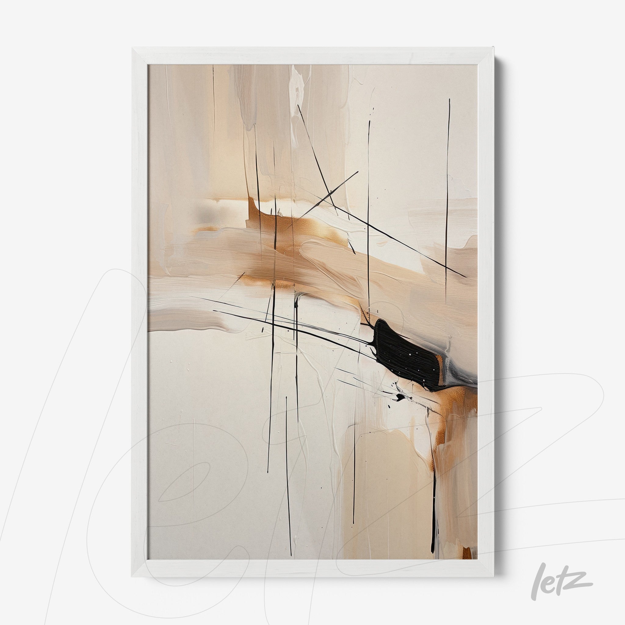 modern abstract art piece in neutral tones with black lines in white frame