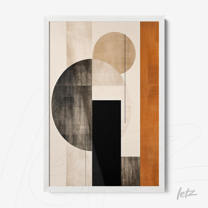 abstract wall art featuring earthy tones and geometric shapes with a white frame
