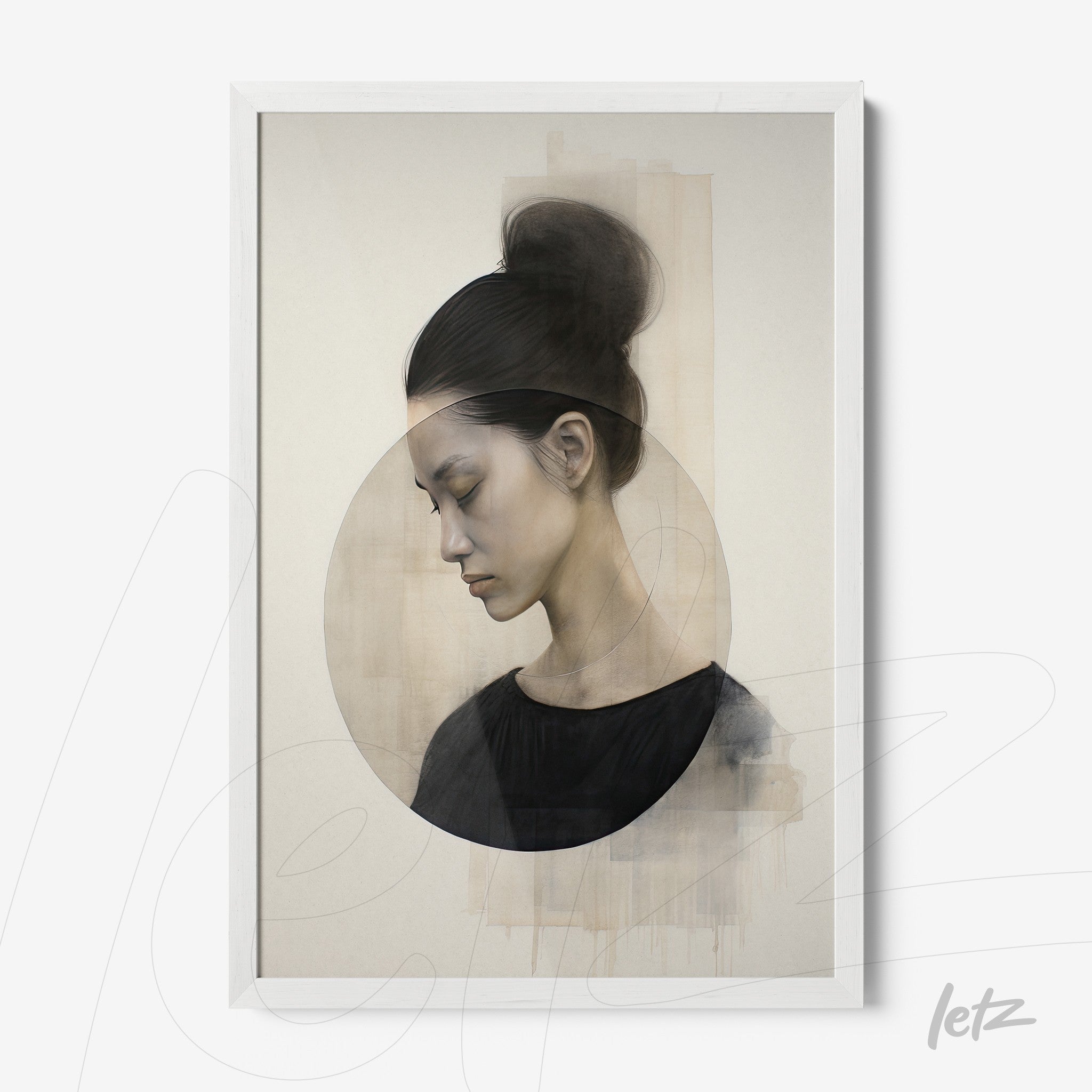 modern wall art featuring a portrait of a woman in neutral tones within a circle, framed in white