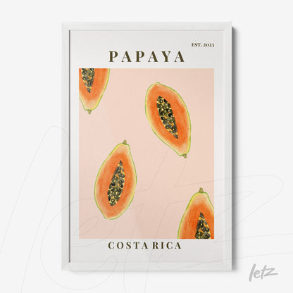 decorative wall art featuring illustrations of papaya slices on pink background with white frame and stylized text 'PAPAYA COSTA RICA EST. 2023'