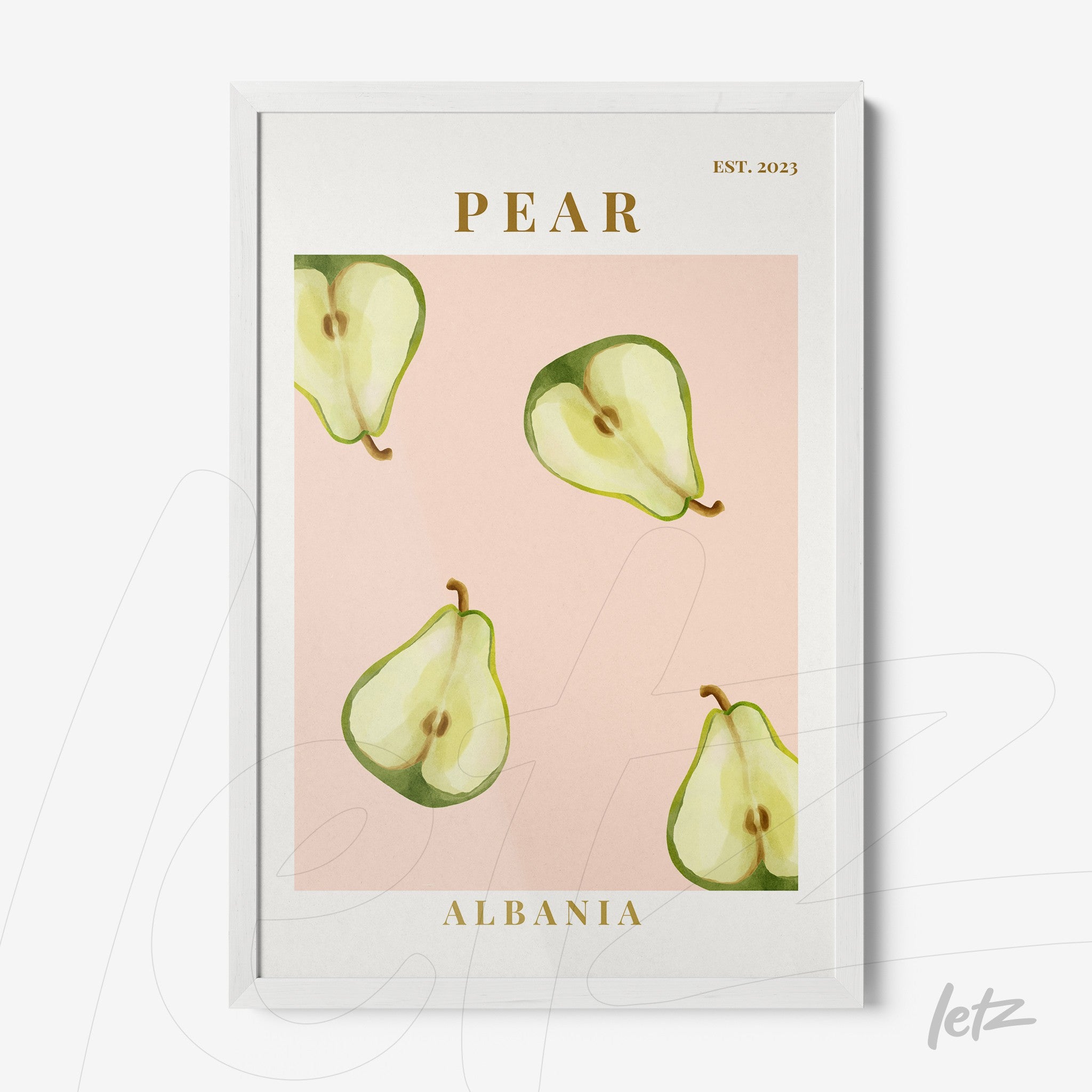 framed artwork featuring green pears on a light pink background with white frame
