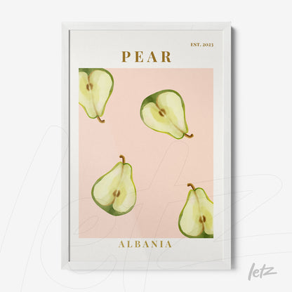 framed artwork featuring green pears on a light pink background with white frame
