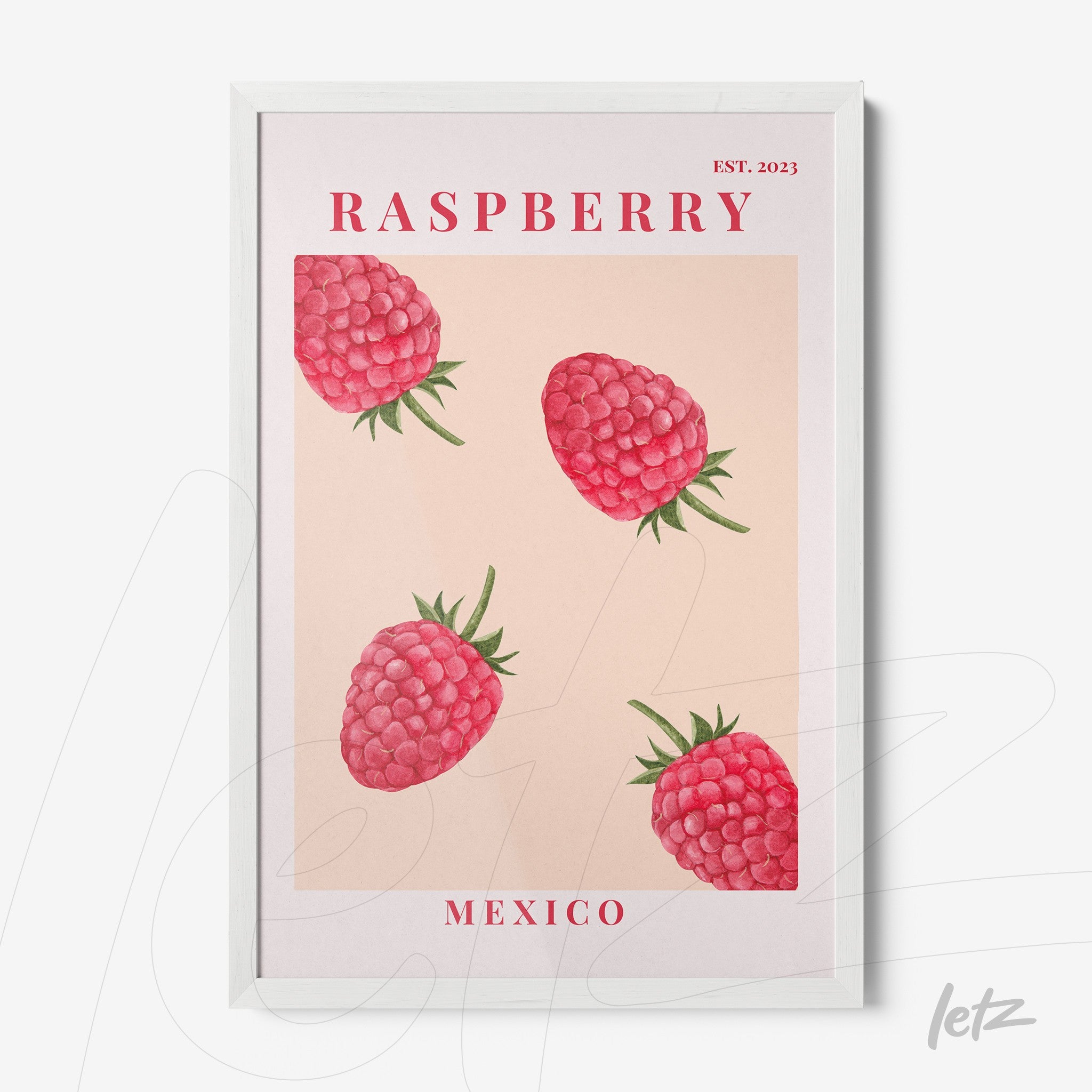 framed artwork featuring raspberry illustrations on a soft background with white frame