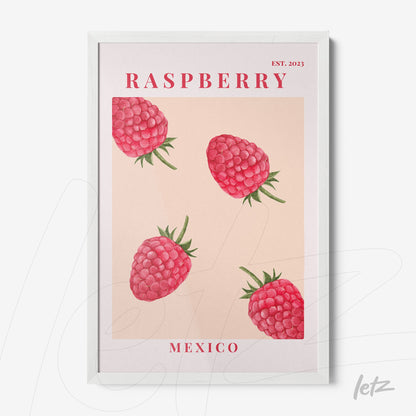framed artwork featuring raspberry illustrations on a soft background with white frame