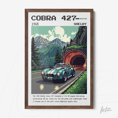framed retro style illustration of a Shelby Cobra 427 on a mountain road with a tunnel in the background