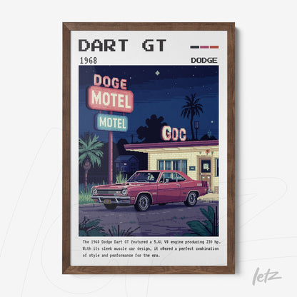 framed pixel art of a dodge dart gt in front of a vintage motel under a night sky