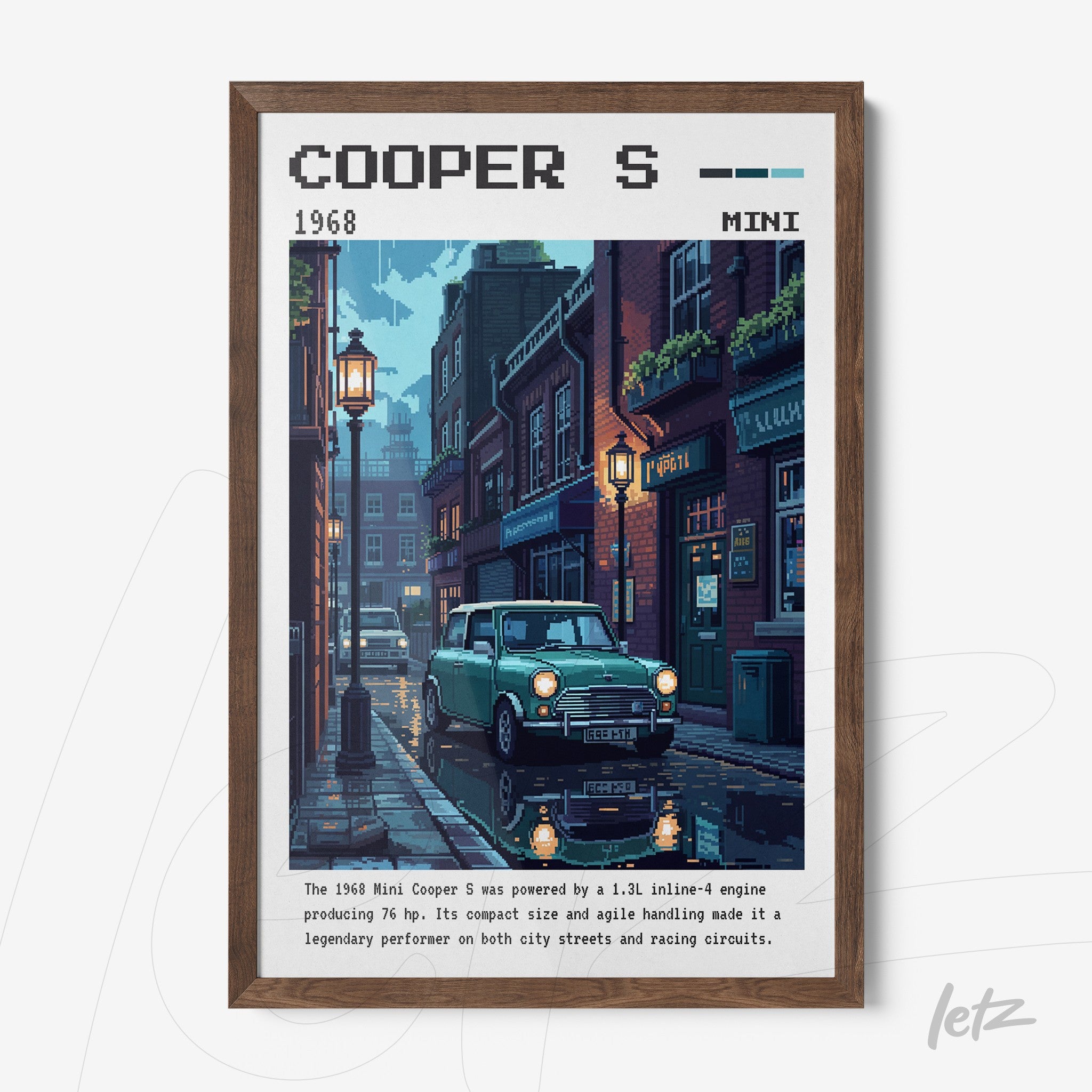 retro style framed artwork featuring pixel art of a Mini Cooper S in a street illuminated by lampposts, with descriptive text at the bottom in a dark wooden frame