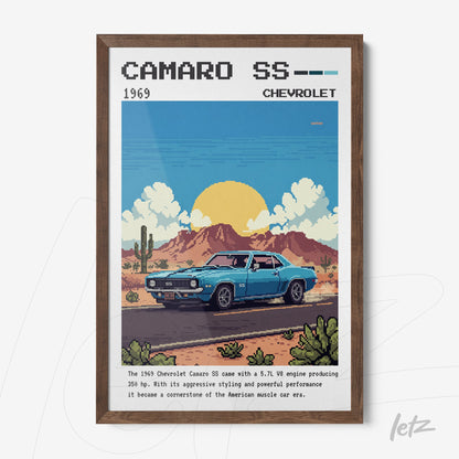 framed pixel art illustration of 1969 camaraderie ss car in dark wooden frame with cacti and mountains in the background