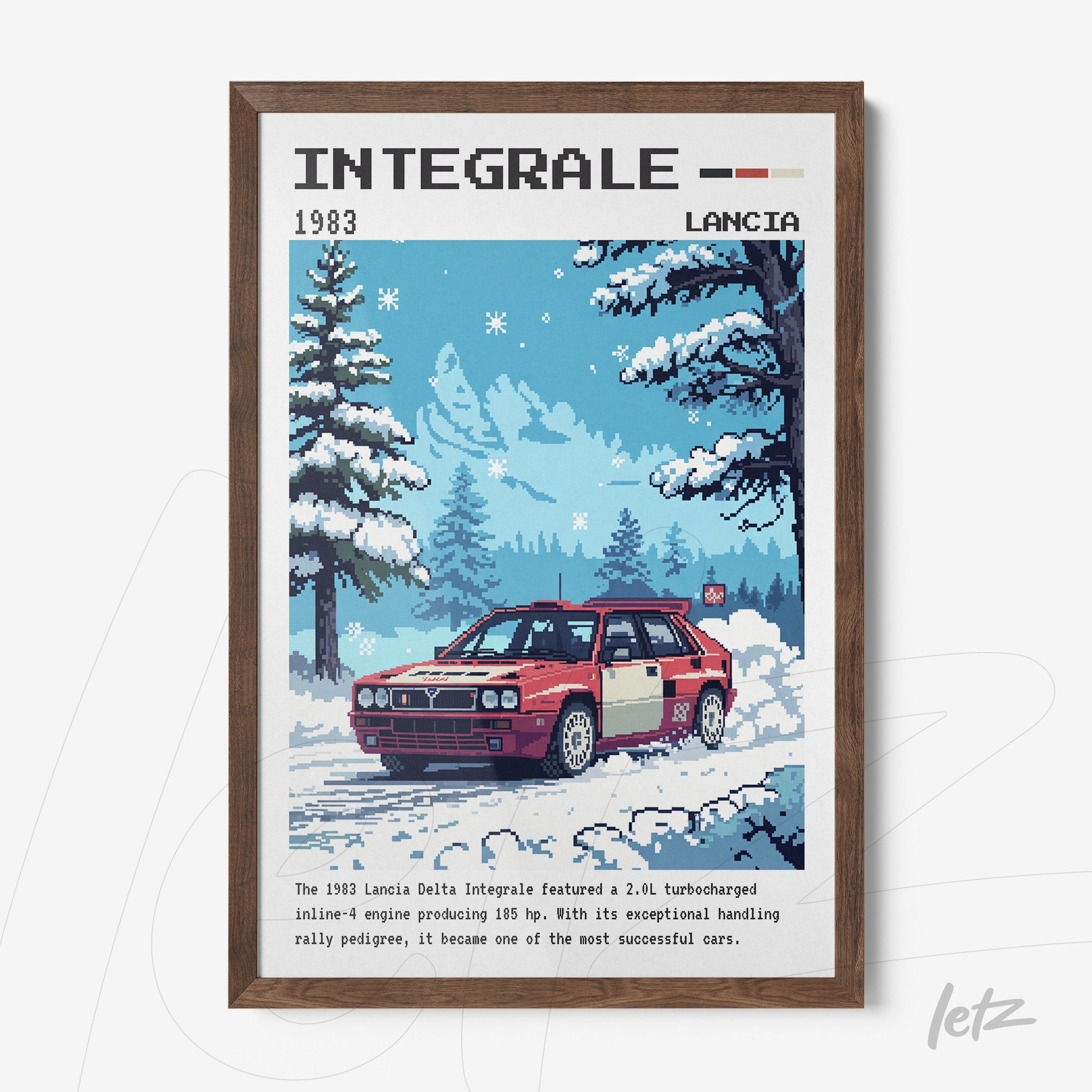 pixel art wall art of a red Lancia Delta Integrale in a snowy winter landscape with snow-covered trees
