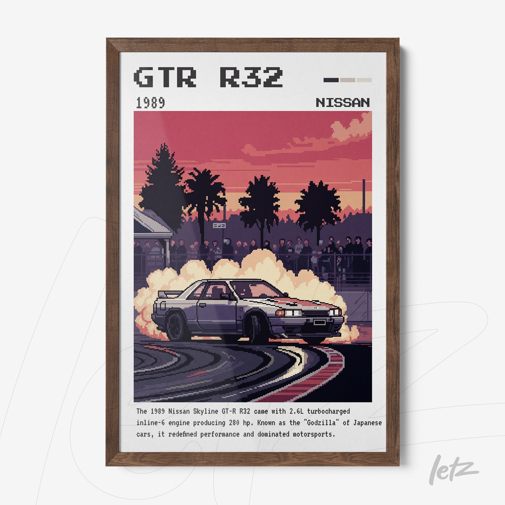 framed pixel art of the Nissan Skyline GTR R32 with dark wood frame and sunset background