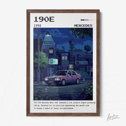 pixel art framed illustration of a Mercedes-Benz 190E in a night scene with dark wooden frame